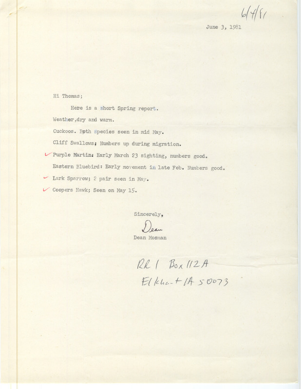 Letter contains list of birds sighted by Dean Thomas. This item was used as supporting documentation for the Iowa Ornithologists Union Quarterly field report of spring 1981.