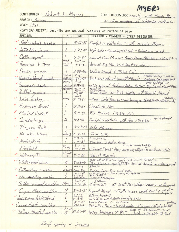 An annotated list of birds sighted by Robert Myers, Francis Moore and other members of the Waterloo Audubon Society. Includes forms documenting the sighting of a Marbled Godwit at Big March, a Bewick's Wren in Iowa City, and a Henslow's Sparrow at Hayden Prairie. This item was used as supporting documentation for the Iowa Ornithologists Union Quarterly field report of spring 1981.