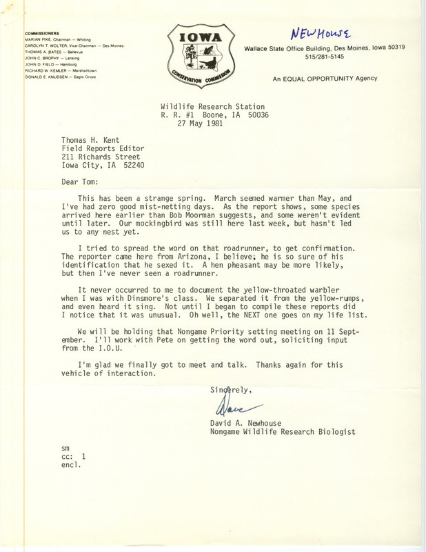 The letter mentions the reporting of an unlikely Roadrunner and includes an annotated list of birds sighted and a letter from Scott Rolfes detailing the sighting of a Cinnamon Teal at Saylorville Lake. This item was used as supporting documentation for the Iowa Ornithologists Union Quarterly field report of spring 1981.