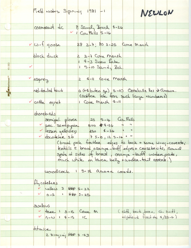 A list of birds sighted by Michael Newlon. Includes forms documenting the sightings of a Western Grebe and Peregrine at Sandy Beach, and a Bewick's Wren in Iowa City. This item was used as supporting documentation for the Iowa Ornithologists Union Quarterly field report of spring 1981.