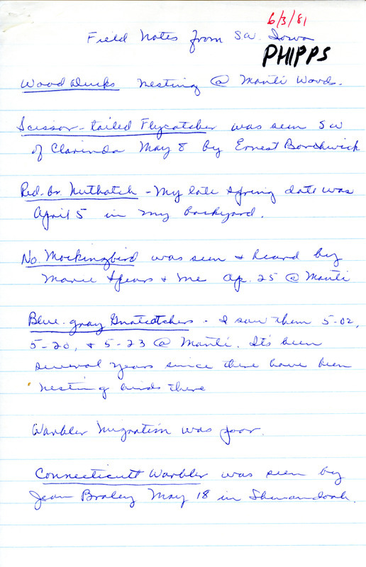 A list of birds sighted by Ruth Phipps and others. This item was used as supporting documentation for the Iowa Ornithologists Union Quarterly field report of spring 1981.