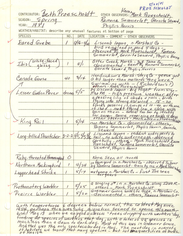 An annotated list of birds sighted by Beth Proescholdt and others. Includes a form documenting the sighting of a King Rail in Marshall County. This item was used as supporting documentation for the Iowa Ornithologists Union Quarterly field report of spring 1981.