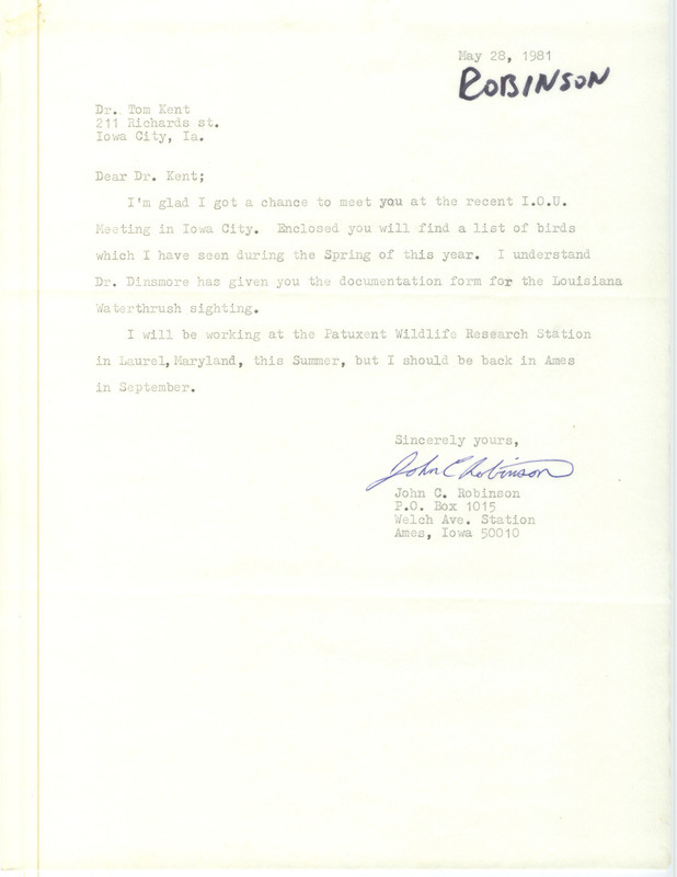 Included with the letter is a list of birds sighted by John Robinson and a form documenting the sighting of a Louisiana Waterthrush in Ames. This item was used as supporting documentation for the Iowa Ornithologists Union Quarterly field report of spring 1981.