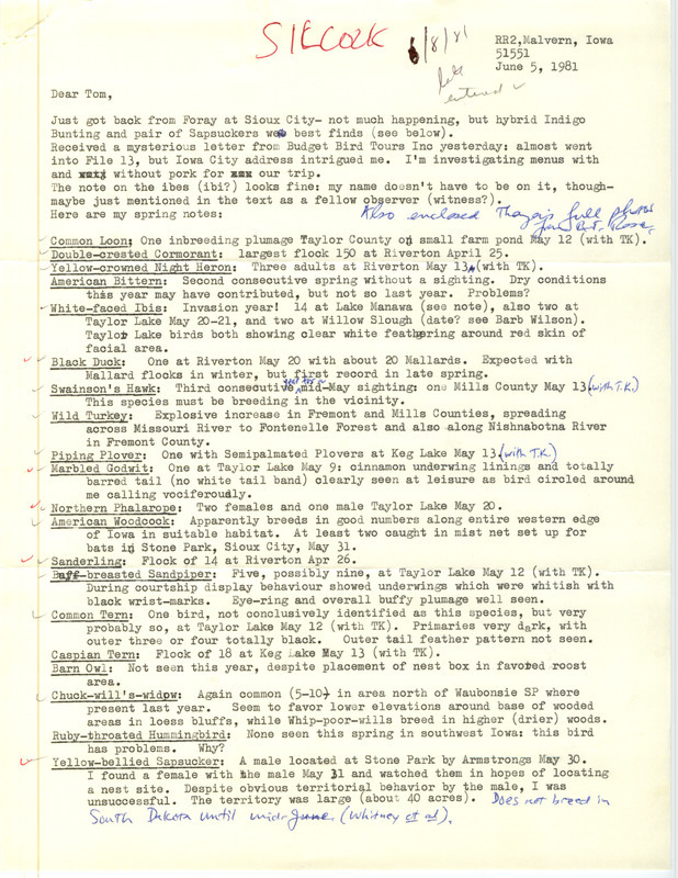 The letter includes a list of birds sighted by Ross Silcock. This item was used as supporting documentation for the Iowa Ornithologists Union Quarterly field report of spring 1981.