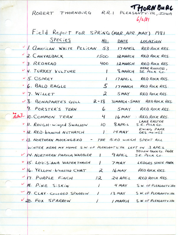 A list of birds sighted by Robert Thornburg including documentation of a Western Kingbird sighting S.W. of Pleasantville. This item was used as supporting documentation for the Iowa Ornithologists Union Quarterly field report of spring 1981.