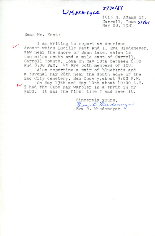 Letter reports birds sighted by Eva Wiedemeyer in May 1981. This item was used as supporting documentation for the Iowa Ornithologists Union Quarterly field report of spring 1981.