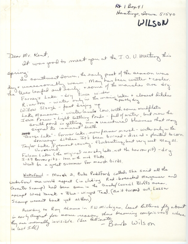 Included with the letter is an annotated list of birds sighted and forms documenting the sighting of a Greater Scaup at the IPL Settling Ponds and Lake Manawa, and a Marbled Godwit and Ruddy Turnstone at Willow Slough. This item was used as supporting documentation for the Iowa Ornithologists Union Quarterly field report of spring 1981.