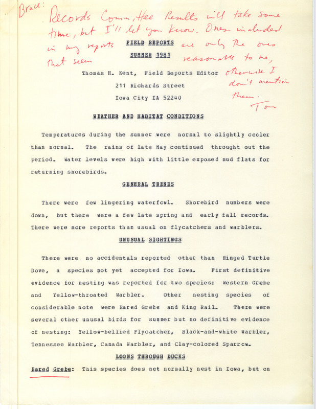 Quarterly field report for the summer of 1981 titled "Field Reports, summer 1981" contributed by Thomas H. Kent.