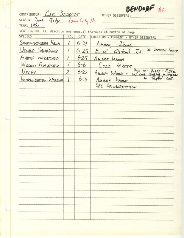 Summer report of birds found in and around Amana contributed by Carl J. Bendorf. Verifying documentation of an extraordinary sighting of a Worm-eating Warbler is included. This item was used as supporting documentation for the Iowa Ornithologists' Union Quarterly field report of summer 1981.