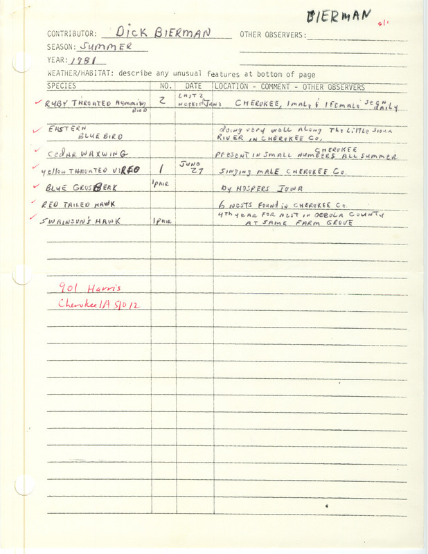 Summer report of birds found in and around Cherokee County contributed by Dick Bierman. This item was used as supporting documentation for the Iowa Ornithologists' Union Quarterly field report of summer 1981.