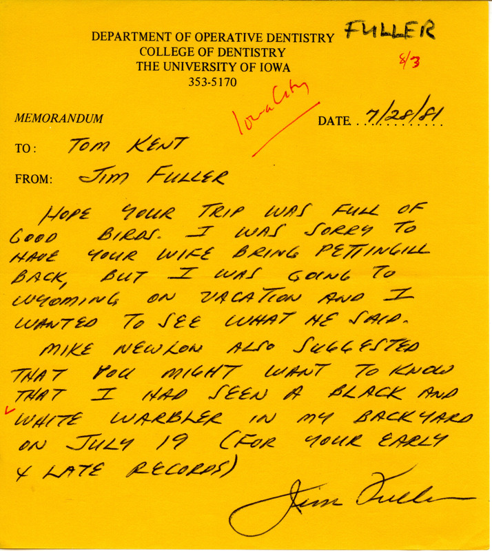 Letter from James L. Fuller to Thomas H. Kent regarding a Black-and-white Warbler sighting in his backyard, July 28, 1981. This item was used as supporting documentation for the Iowa Ornithologists' Union Quarterly field report of summer 1981.