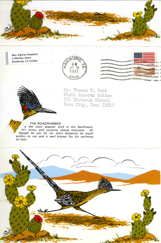 Letter from Ione Getscher to Thomas H. Kent regarding sightings of Ruby-throated Hummingbird and Franklin's Gull, July 31, 1981. This item was used as supporting documentation for the Iowa Ornithologists' Union Quarterly field report of summer 1981.