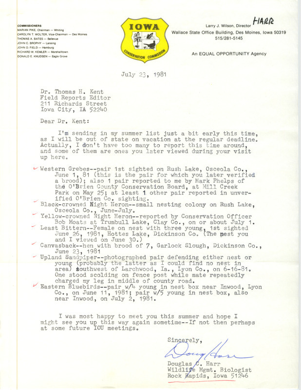 Letter from Douglas C. Harr to Thomas H. Kent regarding summer bird sightings in northwest Iowa, July 23, 1981. This item was used as supporting documentation for the Iowa Ornithologists' Union Quarterly field report of summer 1981.