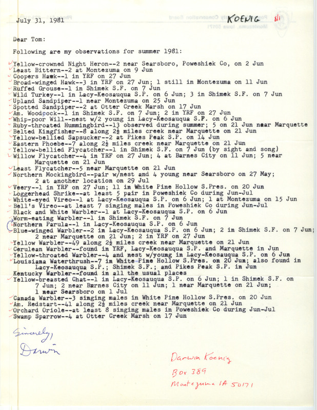 Letter from Darwin Koenig to Thomas H. Kent regarding summer bird sightings, July 31, 1981. This item was used as supporting documentation for the Iowa Ornithologists' Union Quarterly field report of summer 1981.