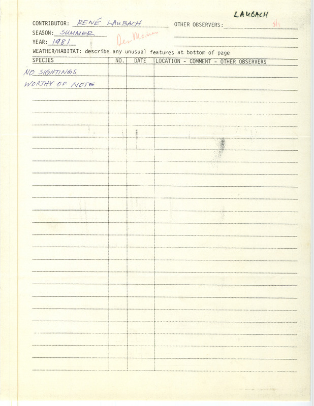 Summer report from Rene Laubach with no sightings worthy of note. This item was used as supporting documentation for the Iowa Ornithologists' Union Quarterly field report of summer 1981.