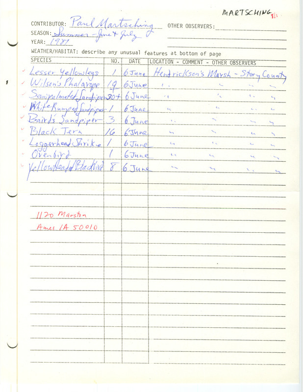 Summer report of birds found at Hendrickson's March Lake, Story County, contributed by Paul Martsching. This item was used as supporting documentation for the Iowa Ornithologists' Union Quarterly field report of summer 1981.