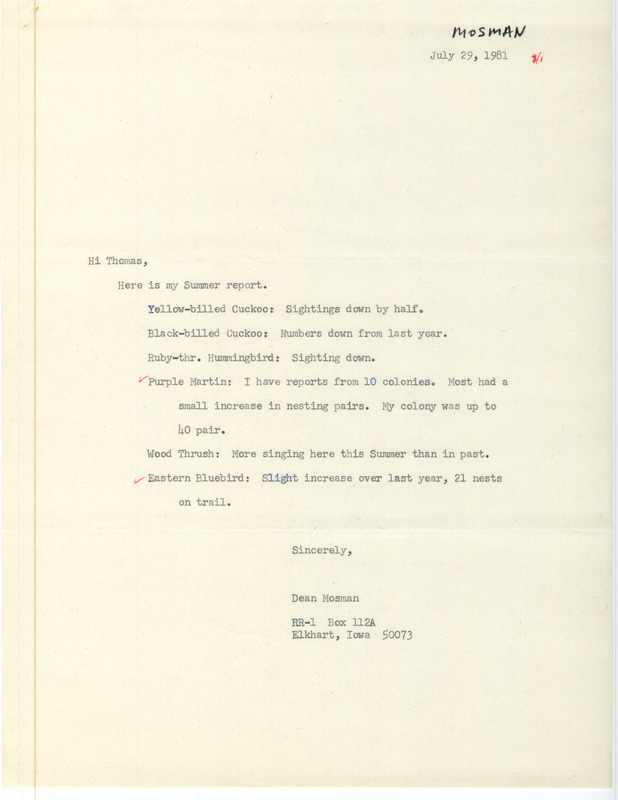 Letter from Dean Mosman to Thomas H. Kent regarding summer bird sightings, July 29, 1981. This item was used as supporting documentation for the Iowa Ornithologists' Union Quarterly field report of summer 1981.