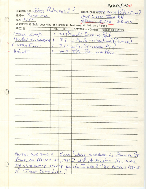 Summer report of birds contributed by Babs Padelford and Loren Padelford. This item was used as supporting documentation for the Iowa Ornithologists' Union Quarterly field report of summer 1981.