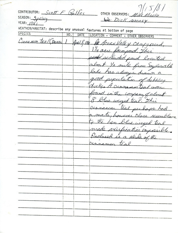 Letter from Scott Rolfes to Thomas H. Kent regarding the sighting of a Cinnamon Teal, July 15, 1981. This item was used as supporting documentation for the Iowa Ornithologists' Union Quarterly field report of summer 1981.