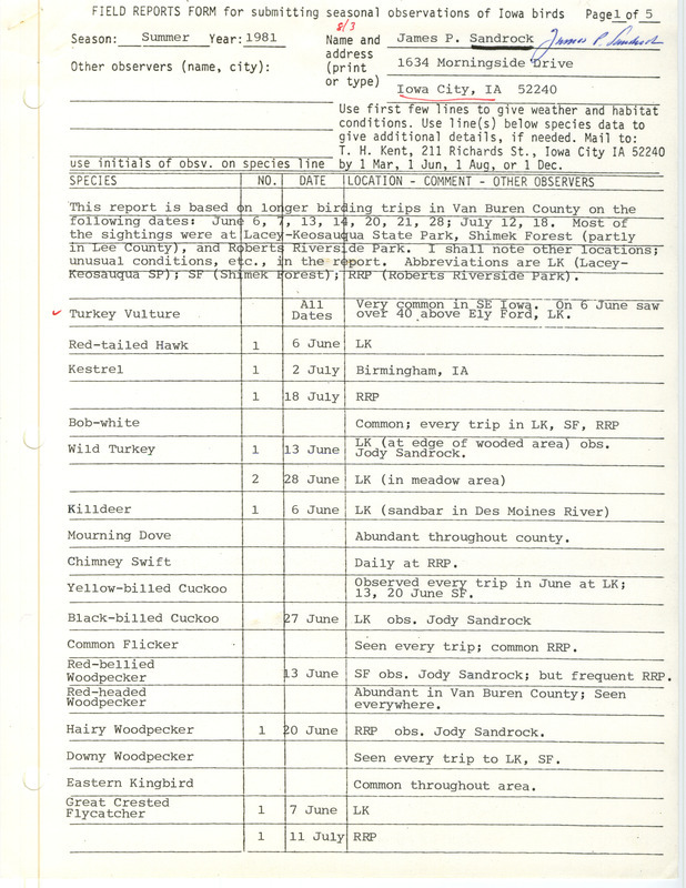 Summer report of birds contributed by James P. Sandrock. Verifying documentation of an extraordinary sighting of an Alder Flycatcher is included. This item was used as supporting documentation for the Iowa Ornithologists' Union Quarterly field report of summer 1981.