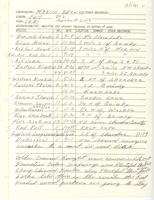 Field notes were contributed by Marion M. Brewer. This item was used as supporting documentation for the Iowa Ornithologists' Union Quarterly field report of fall 1981.