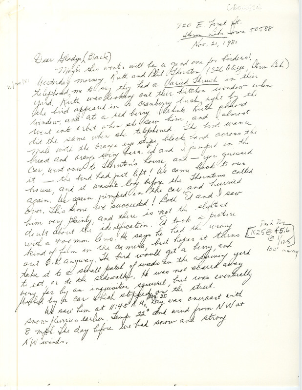 Field note of bird sighting of Varied Thrush was contributed by Virginia R. Crocker in a letter to Gladys Black. This item was used as supporting documentation for the Iowa Ornithologists' Union Quarterly field report of fall 1981.