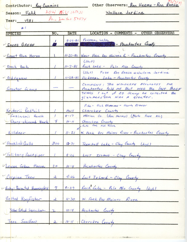 Field notes were contributed by Raymond L. Cummins and other observers. Verifying documentation of an extraordinary sighting of a Least Sandpiper is included. This item was used as supporting documentation for the Iowa Ornithologists' Union Quarterly field report of fall 1981.