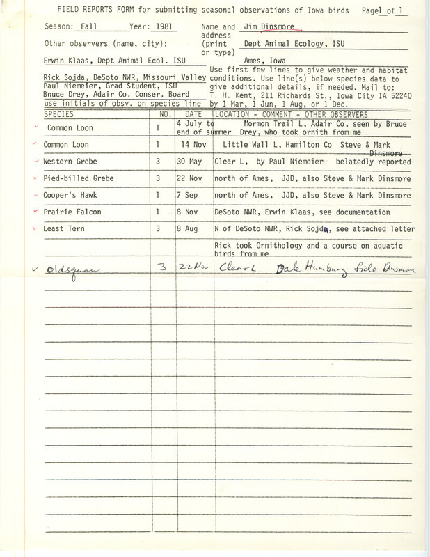 Field notes were contributed by James J. Dinsmore and other observers. A letter from Richard Sojda to James J. Dinsmore regarding the sighting of a Least Tern and verifying documentation of an extraordinary sighting of a Prairie Falcon contributed by Erwin E. Klaas are included. This item was used as supporting documentation for the Iowa Ornithologists' Union Quarterly field report of fall 1982.