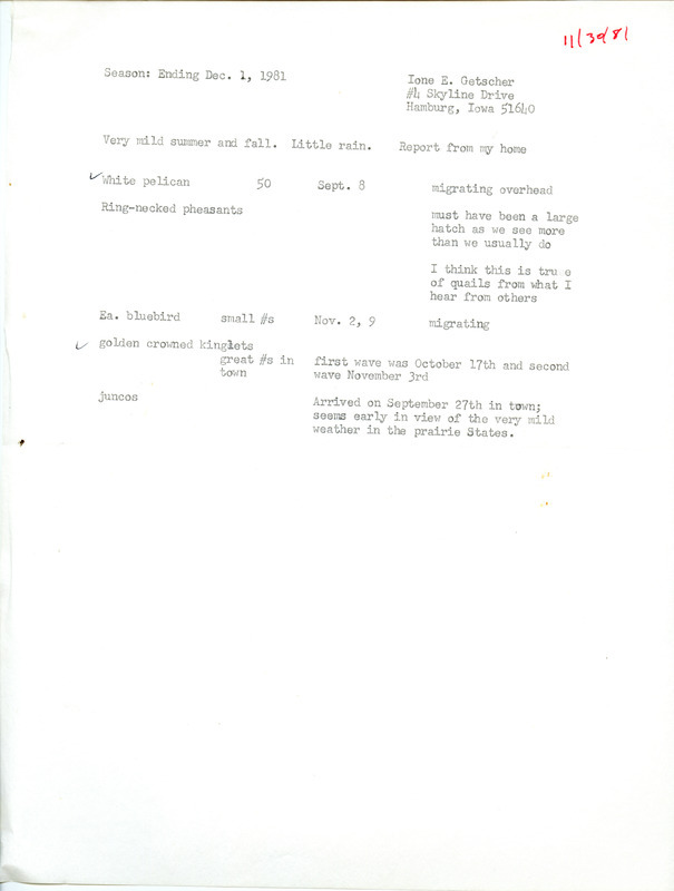 Field notes were contributed by Ione Getscher. This item was used as supporting documentation for the Iowa Ornithologists' Union Quarterly field report of fall 1981.