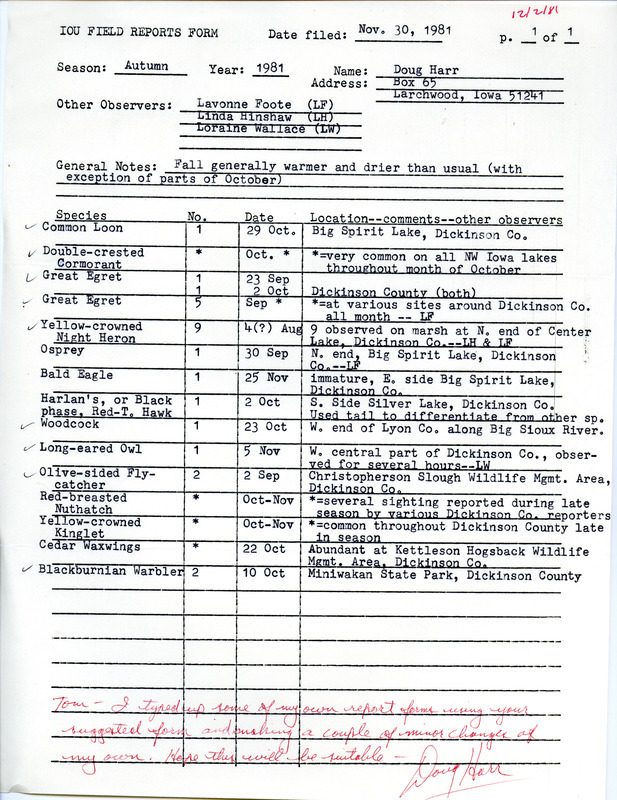 Field notes were contributed by Douglas C. Harr and other observers. This item was used as supporting documentation for the Iowa Ornithologists' Union Quarterly field report of fall 1981.