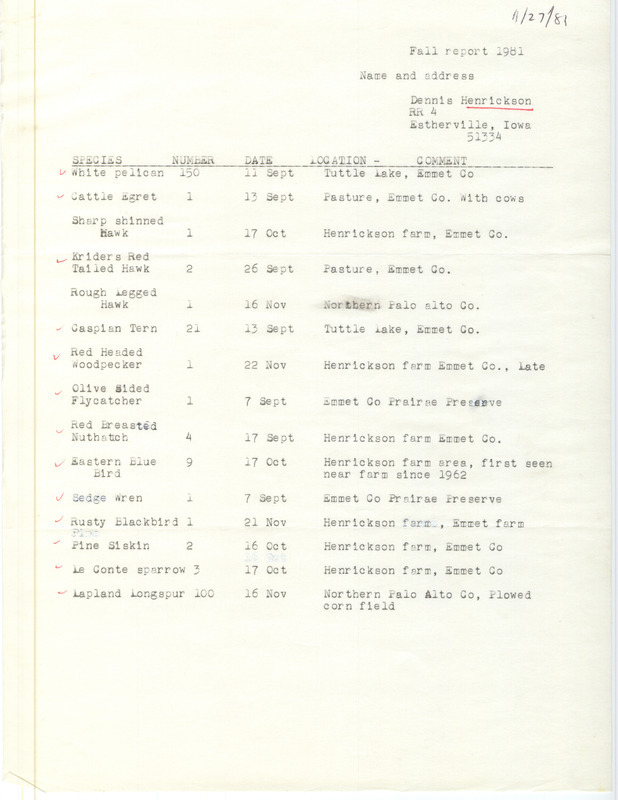 Field notes were contributed by Dennis Henrickson. This item was used as supporting documentation for the Iowa Ornithologists' Union Quarterly field report of fall 1981.