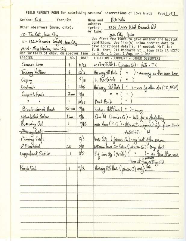 Field notes were contributed by Richard Jule Hollis and other observers. Verifying documentation of an extraordinary sighting of a Goshawk is included. This item was used as supporting documentation for the Iowa Ornithologists' Union Quarterly field report of fall 1981.