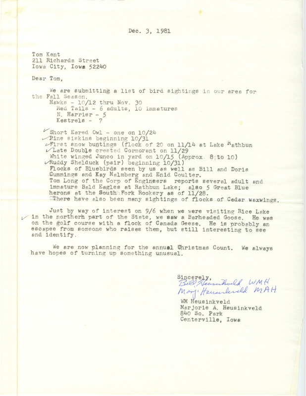 Field notes were contributed by Bill Heusinkveld and Marjorie Heusinkveld in a letter to Thomas H. Kent. This item was used as supporting documentation for the Iowa Ornithologists' Union Quarterly field report of fall 1981.