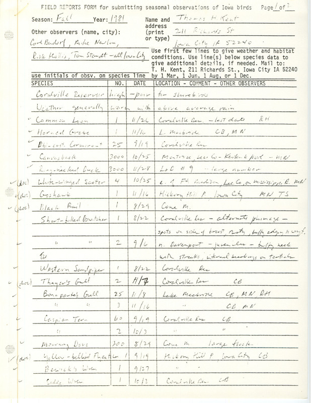 Field notes were contributed by Thomas H. Kent and other observers. Verifying documentation of an extraordinary sighting of a White-winged Scoter, Northern Goshawk, Black Rail, Thayer's Gull and Yellow-bellied Flycatcher are included. This item was used as supporting documentation for the Iowa Ornithologists' Union Quarterly field report of fall 1981.