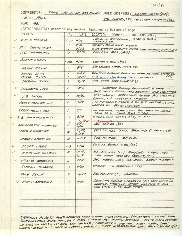 Field notes were contributed by Rene Laubach and other observers. This item was used as supporting documentation for the Iowa Ornithologists' Union Quarterly field report of fall 1981.