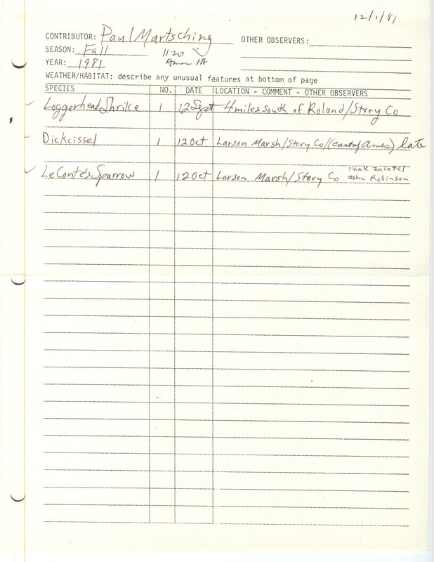 Field notes were contributed by Paul Martsching. This item was used as supporting documentation for the Iowa Ornithologists' Union Quarterly field report of fall 1981.