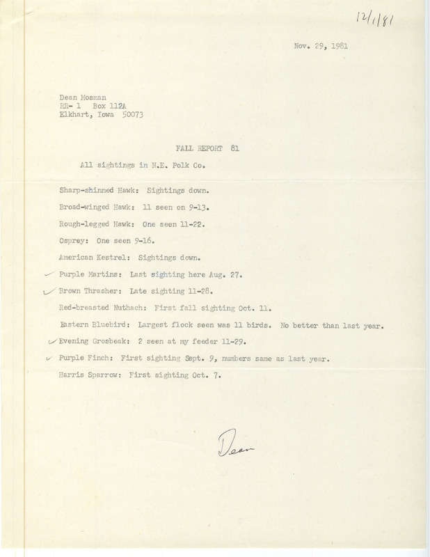 Field notes were contributed by Dean Mosman. This item was used as supporting documentation for the Iowa Ornithologists' Union Quarterly field report of fall 1981.