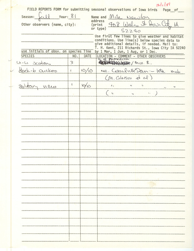 Field notes were contributed by Michael C. Newlon. Verifying documentation of an extraordinary sighting of a Northern Goshawk, Yellow-rumped Warbler, and Red-tailed Hawk are included. This item was used as supporting documentation for the Iowa Ornithologists' Union Quarterly field report of fall 1981.