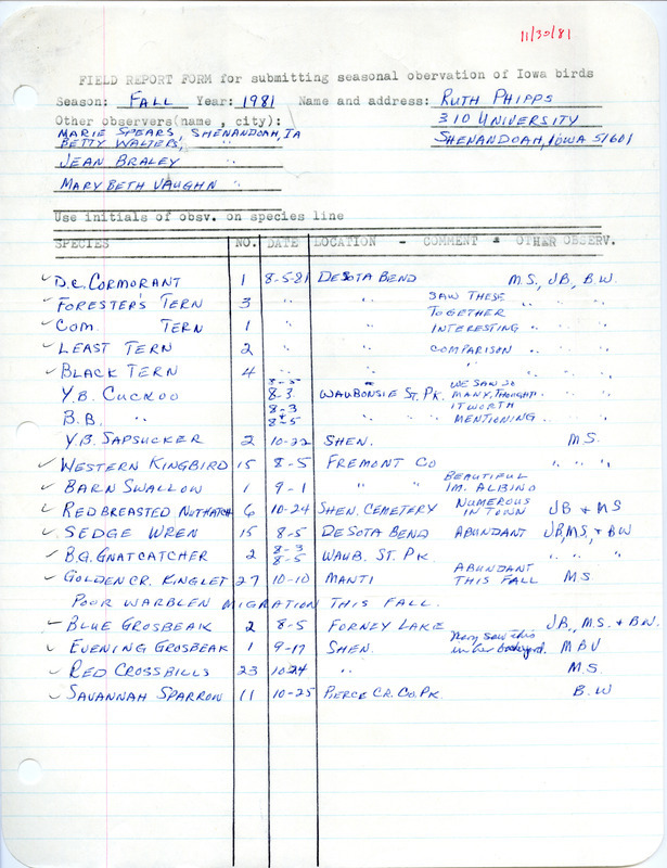 Field notes were contributed by Ruth Phipps and other observers. This item was used as supporting documentation for the Iowa Ornithologists' Union Quarterly field report of fall 1981.