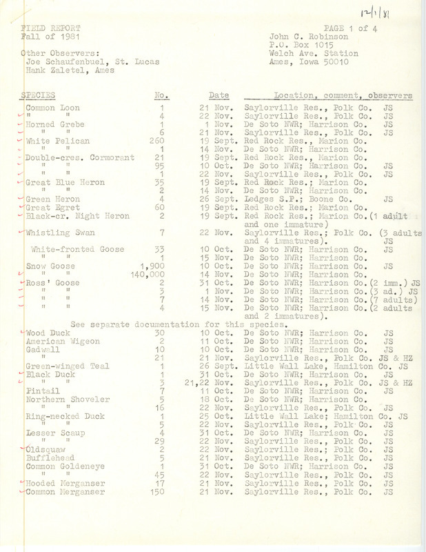 Field notes were contributed by John C. Robinson and other observers. This item was used as supporting documentation for the Iowa Ornithologists' Union Quarterly field report of fall 1981.