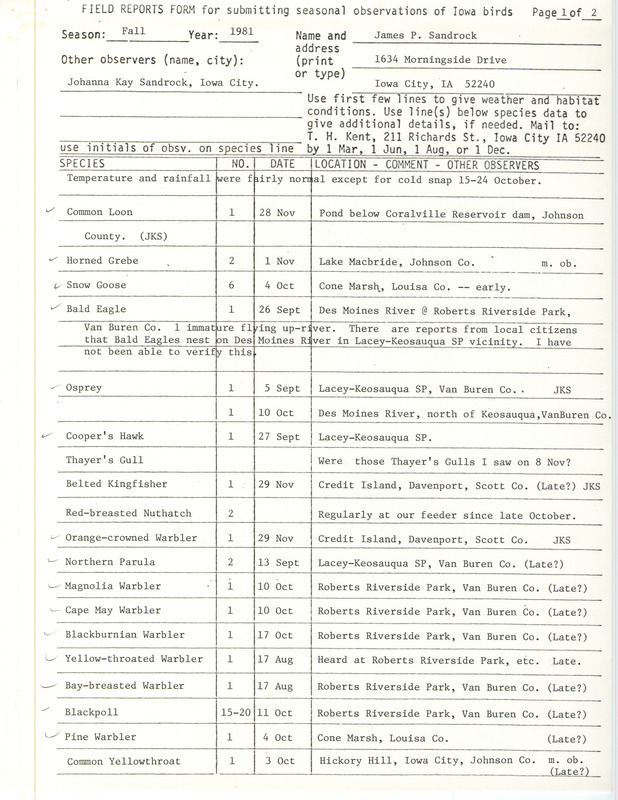 Field notes were contributed by James P. Sandrock. This item was used as supporting documentation for the Iowa Ornithologists' Union Quarterly field report of fall 1981.