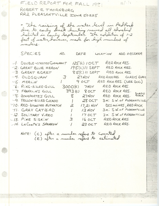 Field notes were contributed by Robert E. Thornburg. This item was used as supporting documentation for the Iowa Ornithologists' Union Quarterly field report of fall 1981.