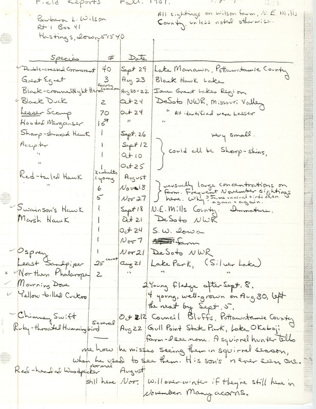 Field notes and letter were contributed by Barbara L. Wilson to Thomas H. Kent. This item was used as supporting documentation for the Iowa Ornithologists' Union Quarterly field report of fall 1981.