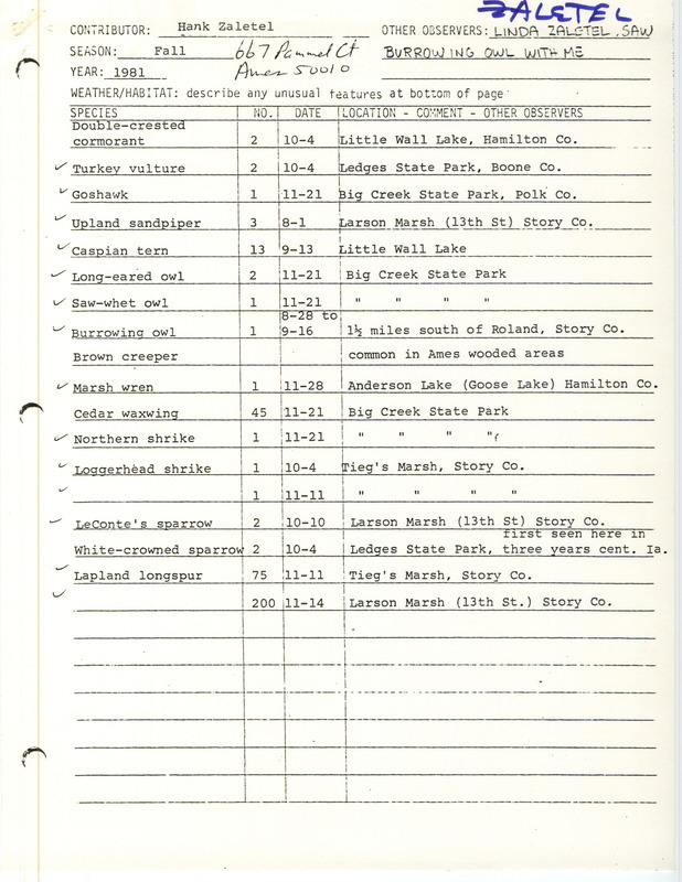 Field notes were contributed by Hank Zaletel and Linda Zaletel, observer. This item was used as supporting documentation for the Iowa Ornithologists' Union Quarterly field report of fall 1981.