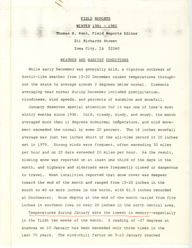 Quarterly field report for the fall of 1981 titled, "Field notes" was contributed by Thomas H. Kent. The report is an annotated draft.