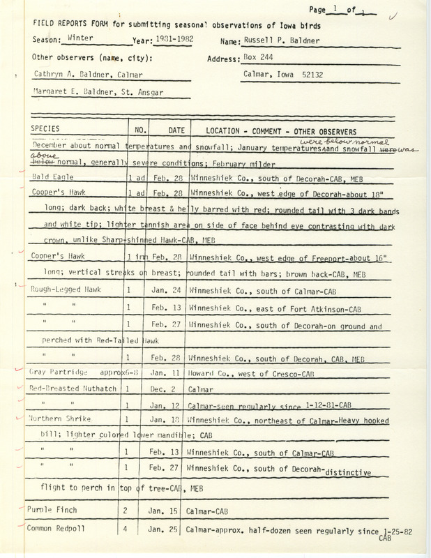 Field notes were contributed by Russell P. Baldner and other observers. This item was used as supporting documentation for the Iowa Ornithologists' Union Quarterly field report of winter 1981-1982.