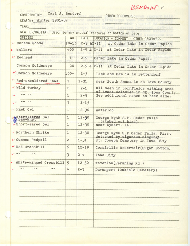 Field notes were contributed by Carl J. Bendorf. This item was used as supporting documentation for the Iowa Ornithologists' Union Quarterly field report of winter 1981-1982.