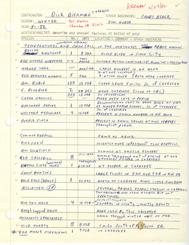 Field notes were contributed by Dick Bierman and other observers. This item was used as supporting documentation for the Iowa Ornithologists' Union Quarterly field report of winter 1981-1982.