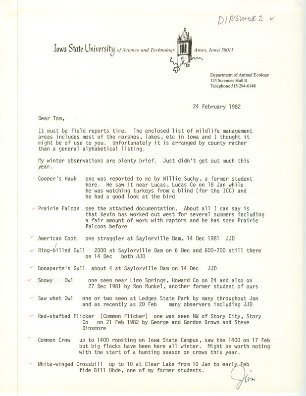 Field notes were contributed by James J. Dinsmore in a letter to Thomas H. Kent. This item was used as supporting documentation for the Iowa Ornithologists' Union Quarterly field report of winter 1981-1982.