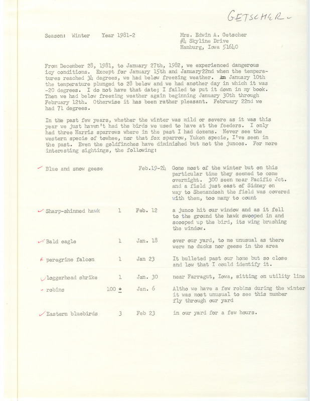 Field notes were contributed by Ione Getscher. This item was used as supporting documentation for the Iowa Ornithologists' Union Quarterly field report of winter 1981-1982.